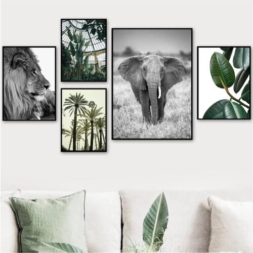 Tropical Green Plants Poster Painting Botanical Leaf Canvas Print Lion Elephant Wall Art Posters Pictures Living Room Home Decor