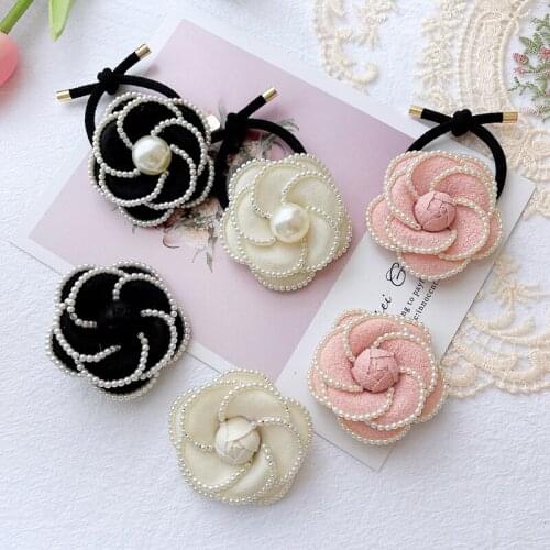 Vintage Pearl Fleece Camellia Elastic Hair Band Tie Broo for Women Girl Autumn Winter Accessories Rubber Wholesale Drop Shipping