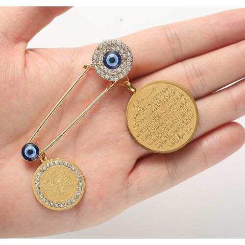 High Quality Metal Religious Style Micro Pave Zircon Islam Allah Four Qul Surahs Pendant Turkey Evil Eye Brooch Pins