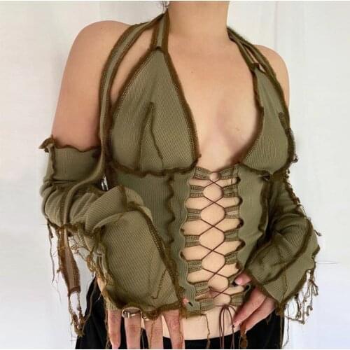 2020 New Fashion Autumn Womens Cropped T-Shirts Hollow Top Lace-up Patchwork Party Summer Halter Bandage Top Clothes