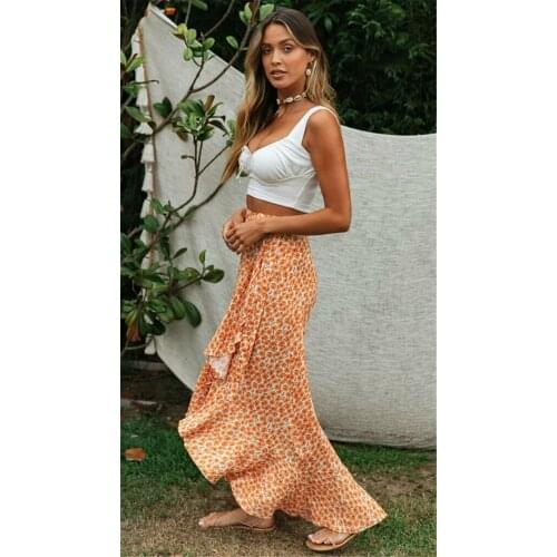 Summer Woman Side Split Lace-up New Skirt Bohemian Beach Party Casual Fold High Waist Floral Floral Print Asymmetric Hem Skirt