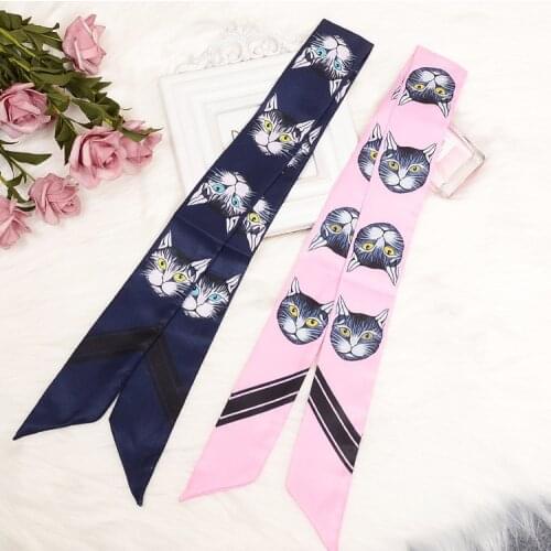 Leopard Head Skinny Scarf 2018 New Brand Silk Scarf For Women Cat Print Head Scarf Long Handle Bag Scarves Wraps