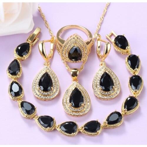 2020 New Punk Style Gold Color Nigerian Jewelry Set African Beaded Necklace Earrings Bracelet And Ring Black Cubic Zirocnia Sets
