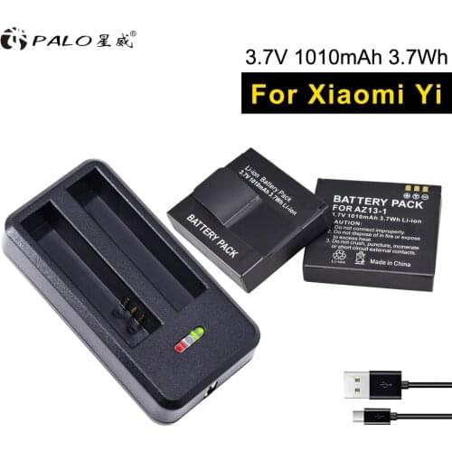 PALO 2pcs digital camera battery AZ13-1 Batteries 1010mah For Xiaomi YI 2/4Kplus + LED Dual Charger For Xiao yi 4k Action Camera
