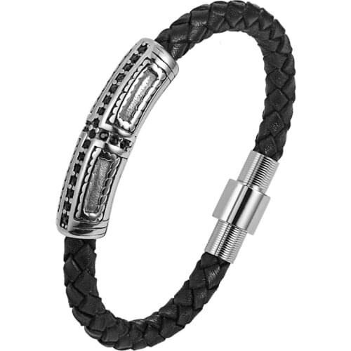 2019 New Fashion Genuine Braid Leather Bracelet Men Jewelry Punk Stainless Steel Bangle Women Magnetic Clasp Gold Beads Pulseira