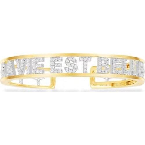 SLJELY Fashion 925 Sterling Silver Yellow Gold Color Letter La Vie Est Belle Open Cuff Micro Zirconia Banlge Bracelet for Women