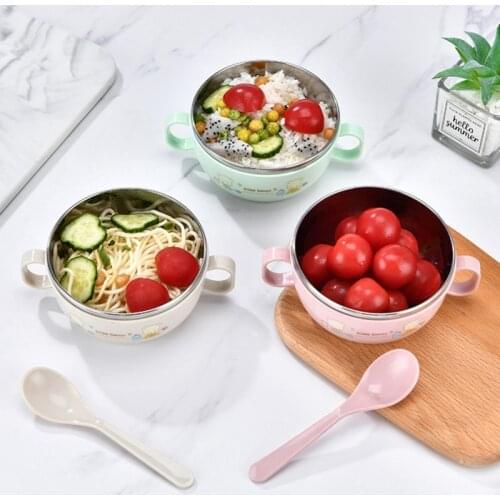 1PC Double Ear Baby Feeding Bowl Stainless Steel Cartoon Anti falling Thermal Food Set Double Layer Bowl With Cover Spoon