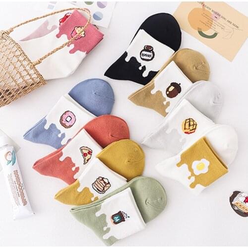 Food Colorful Women Socks Cotton Egg Middle Tube Happy Casual Lady Sock Harajuku Omelette Funny Cookie Donuts Winter Female Sox