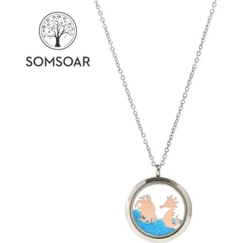 "PRESELL PRODUCT" 25mm Stainless Steel double-sided Glass Locket Necklace with Blue Sand Ocean series sea horse & crab Charms