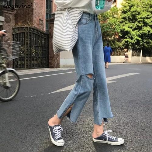 Jeans Women High-waist Holes Ripped Side-slit Vintage Ankle-length All-match Teens Slender Chic Korean Streetwear Fur-line New