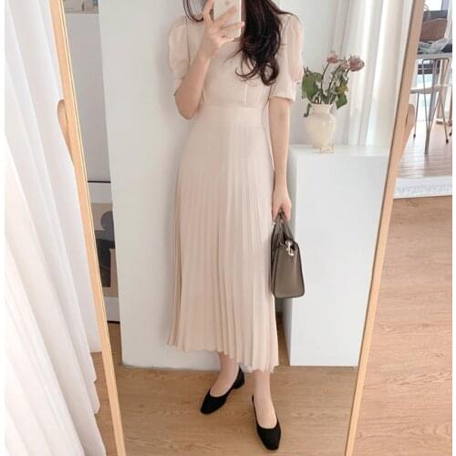 Elegant Square Neck Summer Long Pleated Dress Women Korean Style A-Line Ladies Dresses Vintage Chic High Waist Party Vestidos