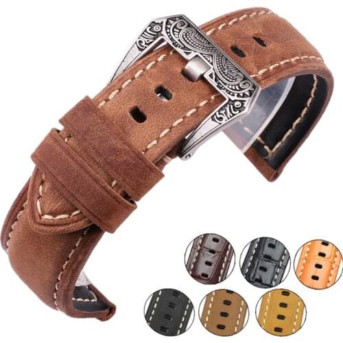 Italy Genuine Leather Watch Band Straps 22mm 24mm Thick Handmade Soft Watchbands Belt With Retro Steel Buckle for Panerai