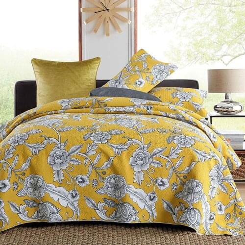 Quality Yellow Bedspread Quilt Set 3PCS Printed Washed Cotton Quilts Bed Covers Pillow Shams King Queen Size Summer Coverlet