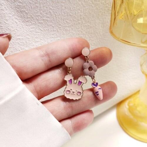 Cute Fun Pink Enamel Rabbit Carrot Drop Dangle Earrings for Women Girls Student Asymmetric Animal Earring Y2K Jewelry Gift