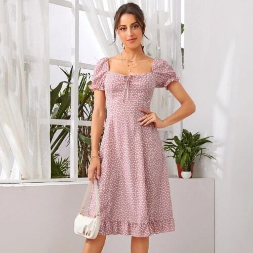 Square Collar Mini Dress 2021 Summer Boho Draw String Floral Print Dresses for Women Short Lantern Sleeve Sexy Dress Vestidos