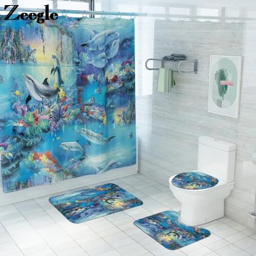 Sea World Printed Bath Mat Absorbent Toilet Mat Bathroom Rug Set Home Decor Shower Curtain Set Anti-slip Bathroom Floor Mat Set