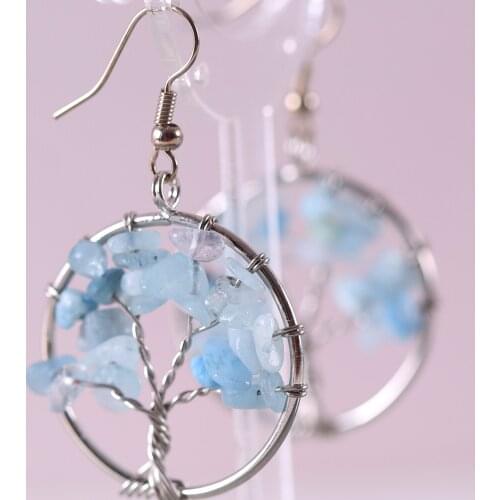 Natural Stone Blue Aquamarine Handmade Jewelry For Women Tree of Life Dangle Earrings 1Pair U363