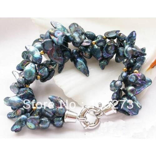 New Arriver Huge 3Rows 8'' 4-20mm Cyan Biwa Baroque Cultured Pearl Bracelet Wholesale Ladys Jewelry New Free Shipping