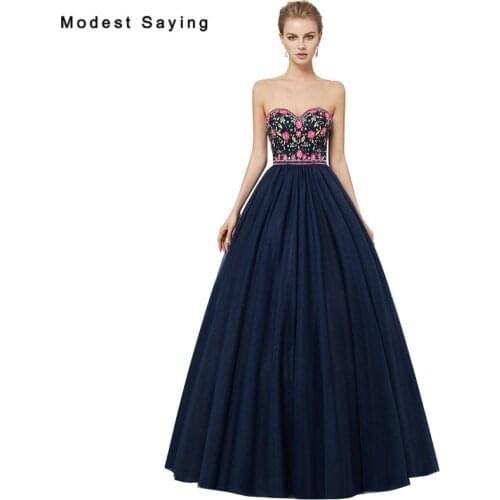 Real Photo Sexy Navy Blue Ball Gown Beaded Embroidery Evening Dresses 2018 Red Engagement Party Prom Gowns robe de soiree longue