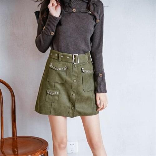 Autumn Winter New Female Fashion Street Mini Skirt High Waist Rivet Suede Single Breasted Belted A-line Skirt Y814