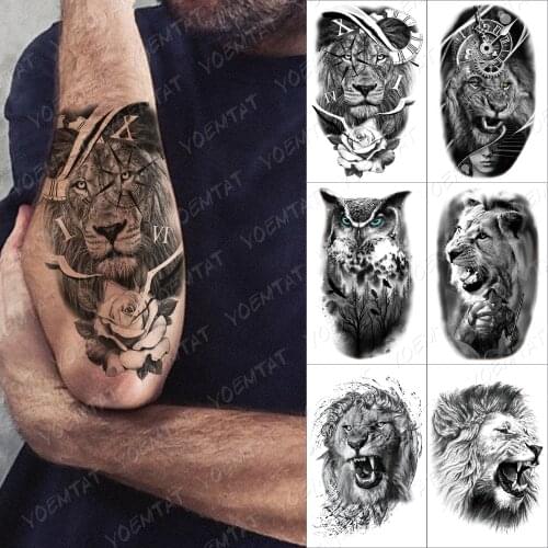 Gear Rose Lione Owl Temporary Tattoo Sticker For Men Women Rose Tiger Waterproof Fake Henna Wolf Tiger Animal Body Art Tatoo