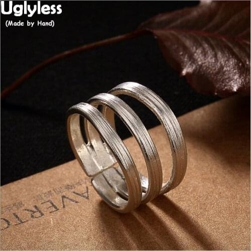 Uglyless S 925 Sterling Silver Finger Ring Simple 3 Circles Wide Rings Women Handmade Brushed Opening Ethnic Fine Jewelry Bijoux