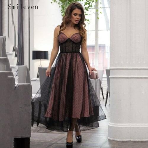 Smileven Polka Dots Prom Dresses Ankle Length Spaghetti Straps Tulle Corset Evening Dresses Sweetheart A-Line Formal Gowns
