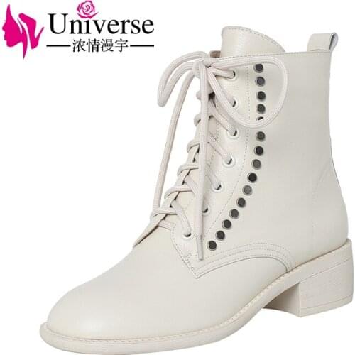 Universe K208 Handmade Best Quality Martin Boots Med Heels Ankle High Boots Women Shoes