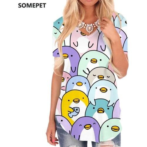 SOMEPET Penguin T-shirt women Animal Funny T shirts Lovely V-neck Tshirt Home Tshirts Printed Womens Clothing Summer Loose Style