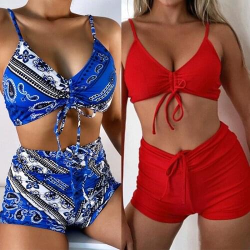 2021 New 2 Pieces Women Boxer Shorts Bikini Sets Fashion Vintage Floral Print Bathing Suits Female High Waist Bandage Swimsuits