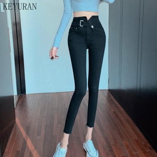 2021 Autumn spring new black leggings irregular stretch feet pants womens Metal buttons casual high waist was thin pencil pants