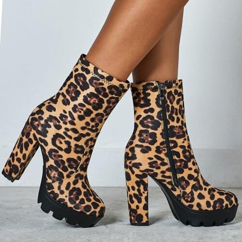 2021 Women 12.5cm High Heels Suede Leopard Boots Platform Fetish Ankle Boots Party Block Heels Winter Fetish Jeans Russia Shoes