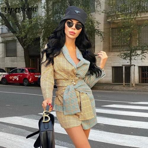 2020 Autumn Women Set Elegant Contrasting Lapel Long sleeve Lace-Up Plaid Jacket & Mini Skirt 2 Two-piece Womens Club Party Set