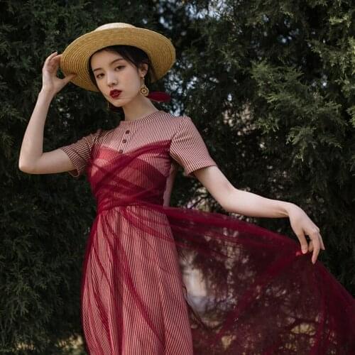 2021 Summer Women Knitted Mesh Dresses Hepburn High Waist French Retro Sweet Lady Design Fashion Elegant Dress Vestido de mujer