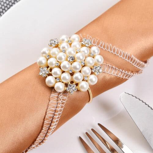 12pcs Napkin Rings Beaded Pearl Rhinestone Napkin Ring Wedding Banquet Kitchen Dining Room Table Napkin Holders Table Decoration