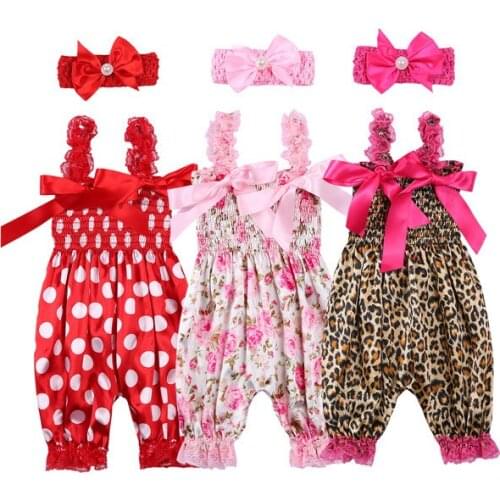 2021-03-13 Lioraitiin 3Colors 0-24M Infant Girl Jumpsuit HeadbandDot/ Flower/Leopard Print Sleeveless Romper Elastic Jumpsuit