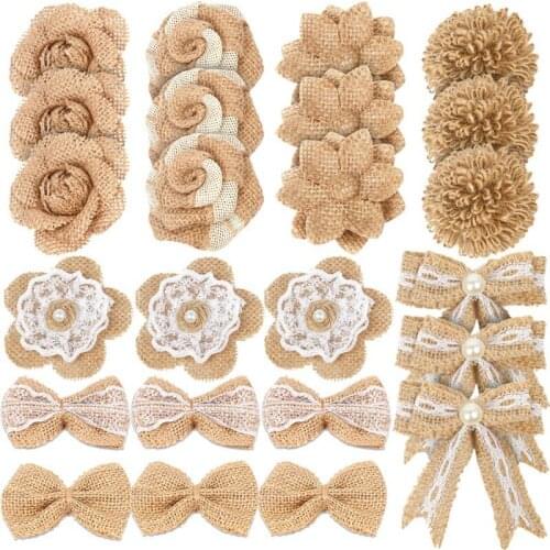 24Pcs Burlap Flowers,8 Styles Natural Handmade Rustic Rose Flower Bowknot With Faux Pearls For Diy Craft Bouquets Home Wedding C