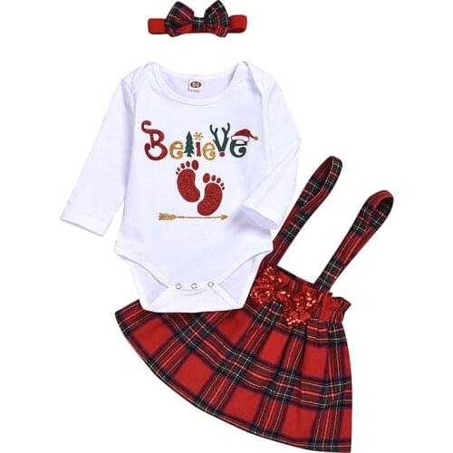 3Pcs Baby Girl Plaid Christmas Dresses Bebe Shiny Footprint Romper Red Overalls Strap Dress Headband Infant Red Clothes Set 12M