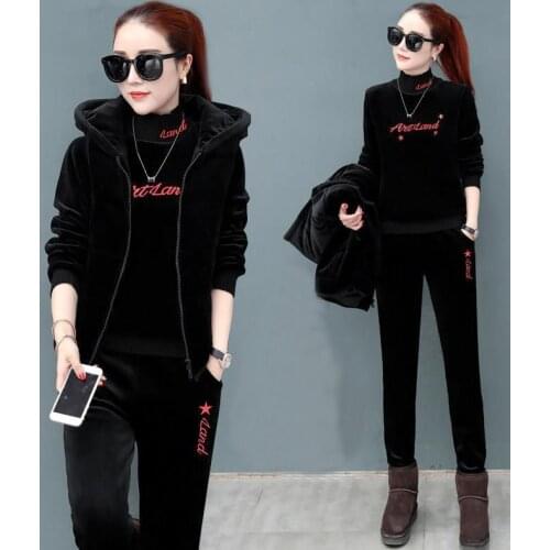 Autumn Winter Thicken Warm Velvet Women Suit Pants+Hoodie Vest +Long Sleeve Coat Female Pants Suit 3Pcs