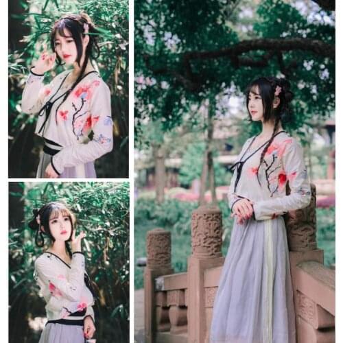 3 Ways Daily Wear Chinese YUCHUNTANG Han Dynasty Tradition Style Dress 2pcs Tops+Dress Mori Girl Vintage Suit