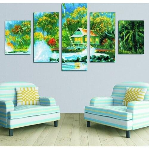 5 Panels Combination Pictures Fairy Tale Town Wall Art High-Definition Free Shipping Multicolor Tree Landscape Canvas Art