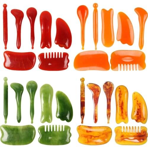 7Pcs/Set Massage and Scraping Tool Tendon Stick Massage Plate Mole Pen Scraping Comb Amber Agate Material Slimming Lift