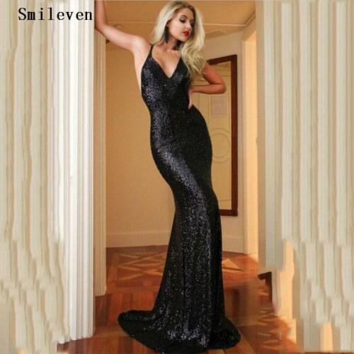 Smileven Black Sequined Mermaid Evening Dresses sexy V-neck Sleeveless Long Prom Gowns Special Occasion Evening Party Gowns