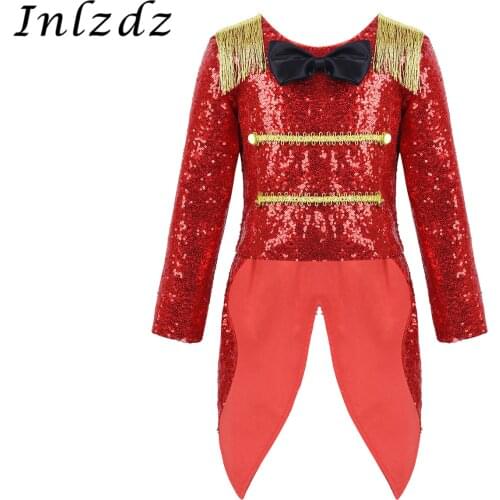 Kids Girls Ringmaster Circus Cosplay Costume Shiny Sequins Bowtie Fringe Swallow-Tailed Coat for Halloween Carnival Role Play