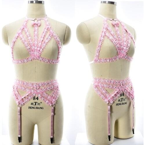 Women Lace Pink Body Harness Set Kawaii Bow Cage Bra Bondage Stockings Leg Garter Belt Hollow Sexy Lingerie Edgy Suspender Belt