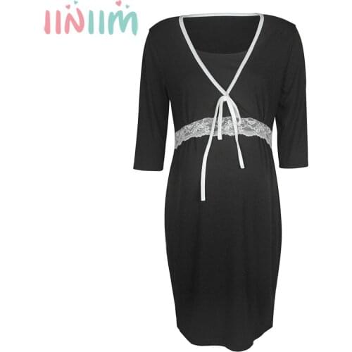 Iiniim Women Maternity Pajamas Lace Trim Nursing Dress Pregnant Ladies V-Neck Breastfeeding Sleepwear Soft Cotton Nightgown