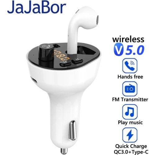JaJaBor FM Transmitter Handsfree Car Kit Bluetooth 5.0 Headset TWS Earphone Car MP3 Player Noise Canceling Headphone Car Charger
