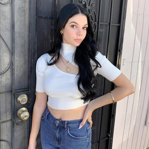 Candy Color High Neck Ribbed Knitted T-shirt Women Sexy Short Sleeve Strench Tshirt Ladies Streetwear White Crop Top 2021