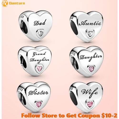 Classic 100% 925 Sterling Silver Bead Daughter Sister Mom Dad Love Heart charms fit Original Pandora Bracelets Women DIY Jewelry