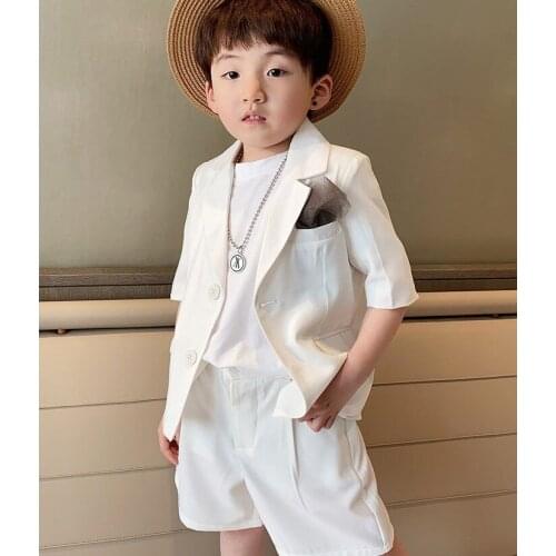 Boys Summer White Blazer+Shorts 2PCS Clothing Set School Kids Wedding Tuxedo Dress Children Chorus Performance Dress Costume